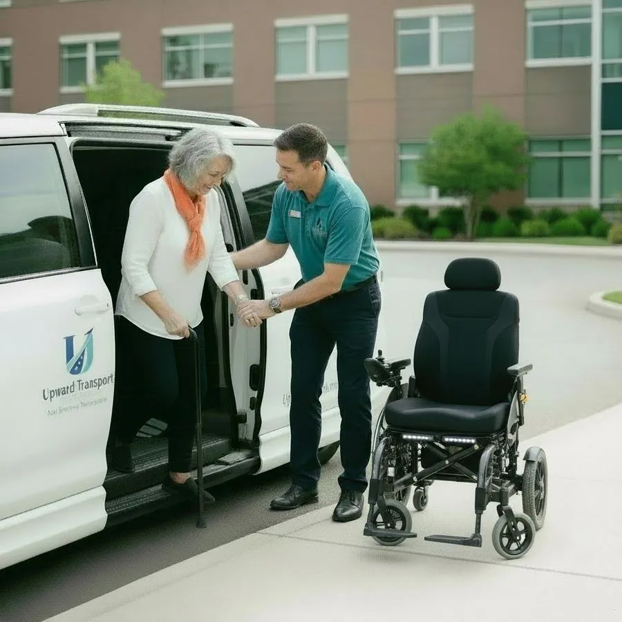 A driver offering his hand to a woman with a cane as she steps out of a van