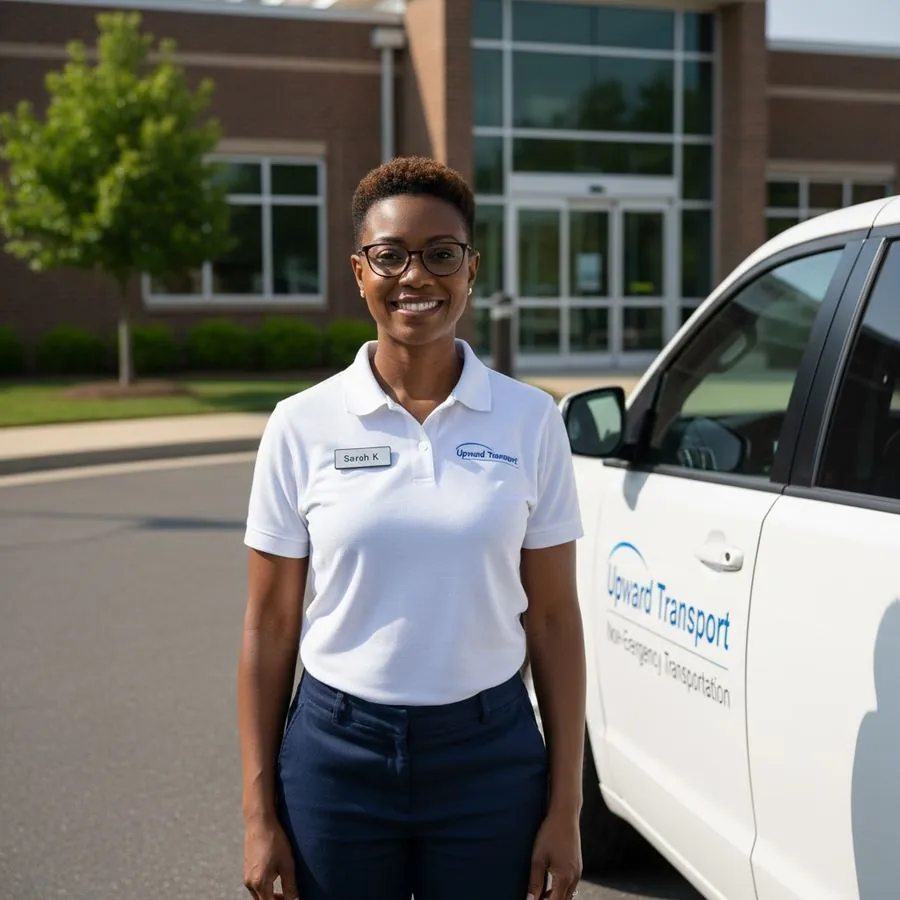 A driver standing beside a white passenger van outside a medical building